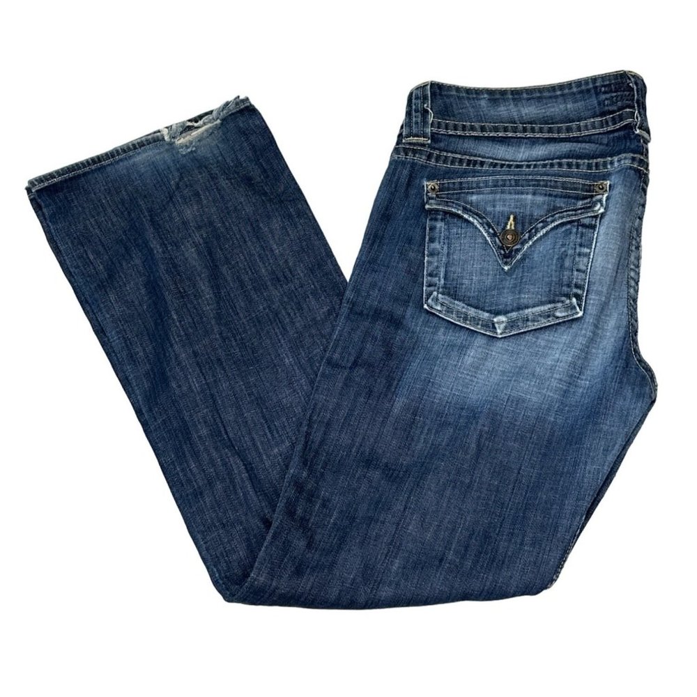 Hudson Jeans Women 31 Blue Dark Wash Denim Distressed Flare Bootcut Flap Pockets